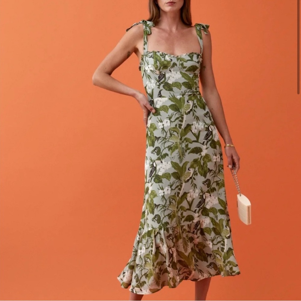 Reformation Leafy Green and Cream Midi Dress